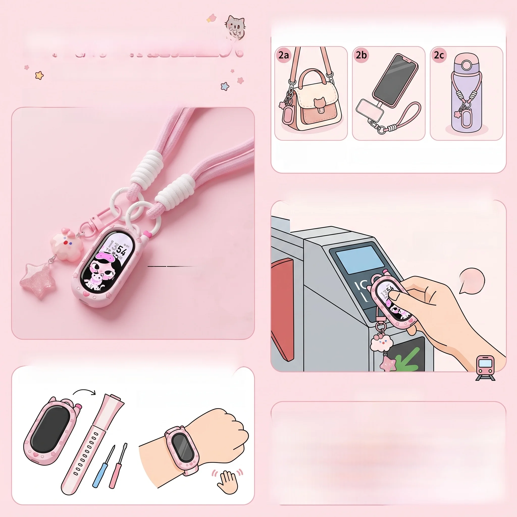 Iboann Silicone Protective Case for  Band Ceramic NFC Version Cute Cartoon Lanyard Universal Bus Metro Card Holder