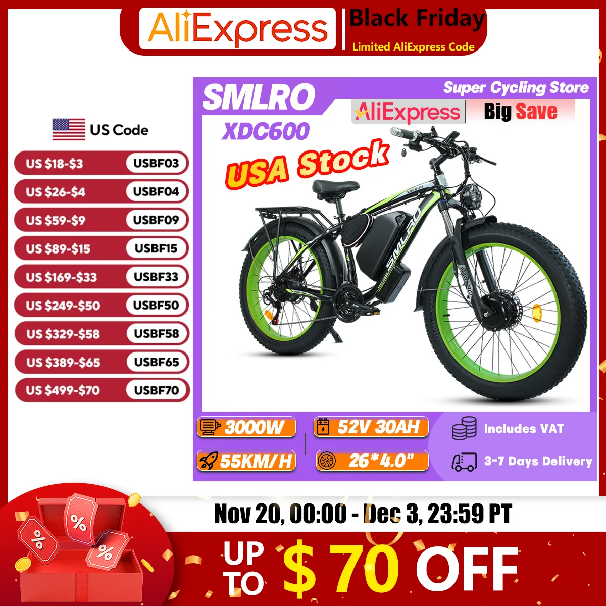 

SMLRO XDC600 Adult Off-Road Ebike 3000W 52V 30Ah Hydraulic Disc Brakes Electric Bicycle 26*4.0" Fat Tire Commuting Electric Bike
