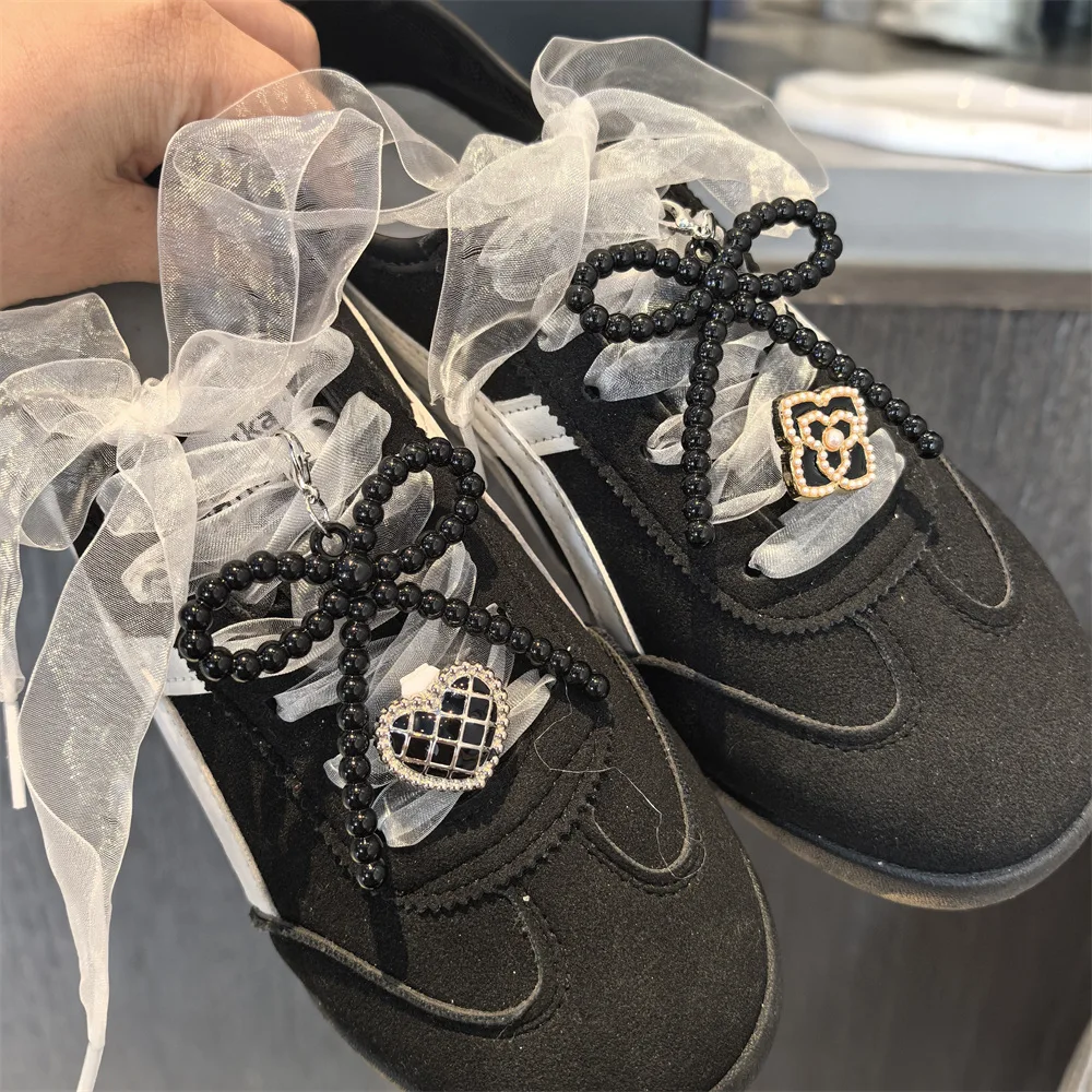 

Solid color bow Shoe laces Charm Sneakers Shoes Decorations DIY fashion pearl Shoe Charms Buckle Shoe Accessories