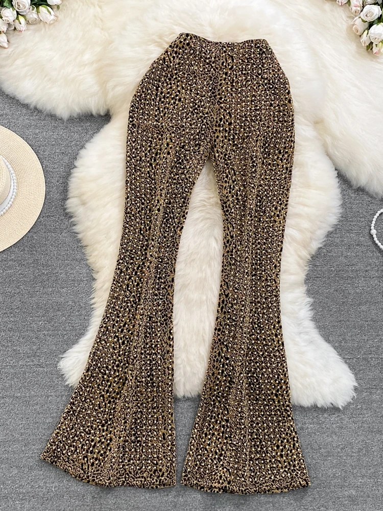 Pantaloni svasati a vita alta retrò Pantaloni casual da donna con stampa leopardata incorporata con diamanti Pantaloni lunghi trascinanti Coreano Sle Pendolari