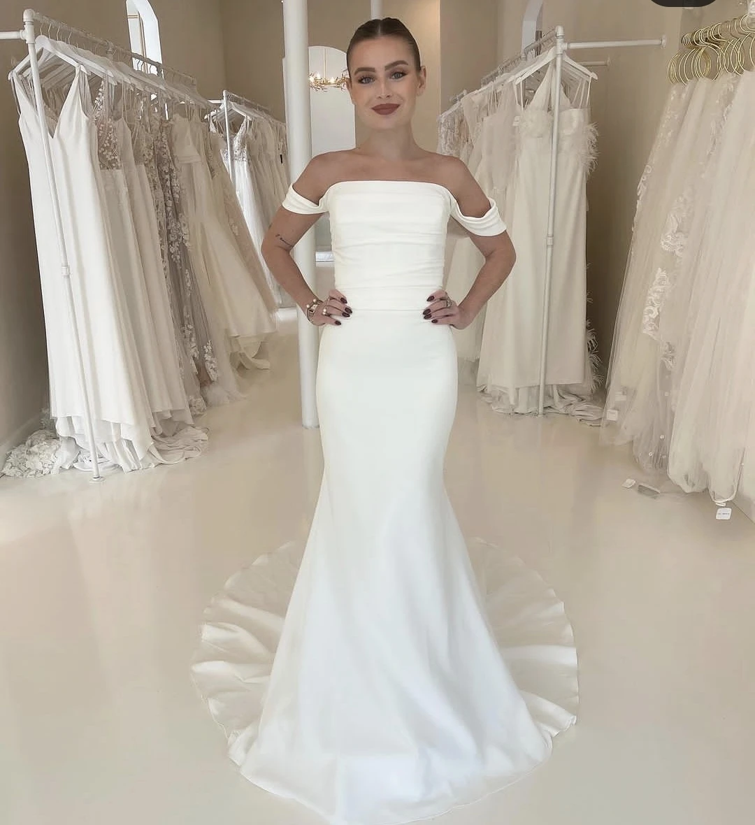 

Mermaid Strapless Wedding Dress Short Sleeve Satin Sweep Train Bridal Gowns Customize To Measures Robe Mariee Satin Civil 2024