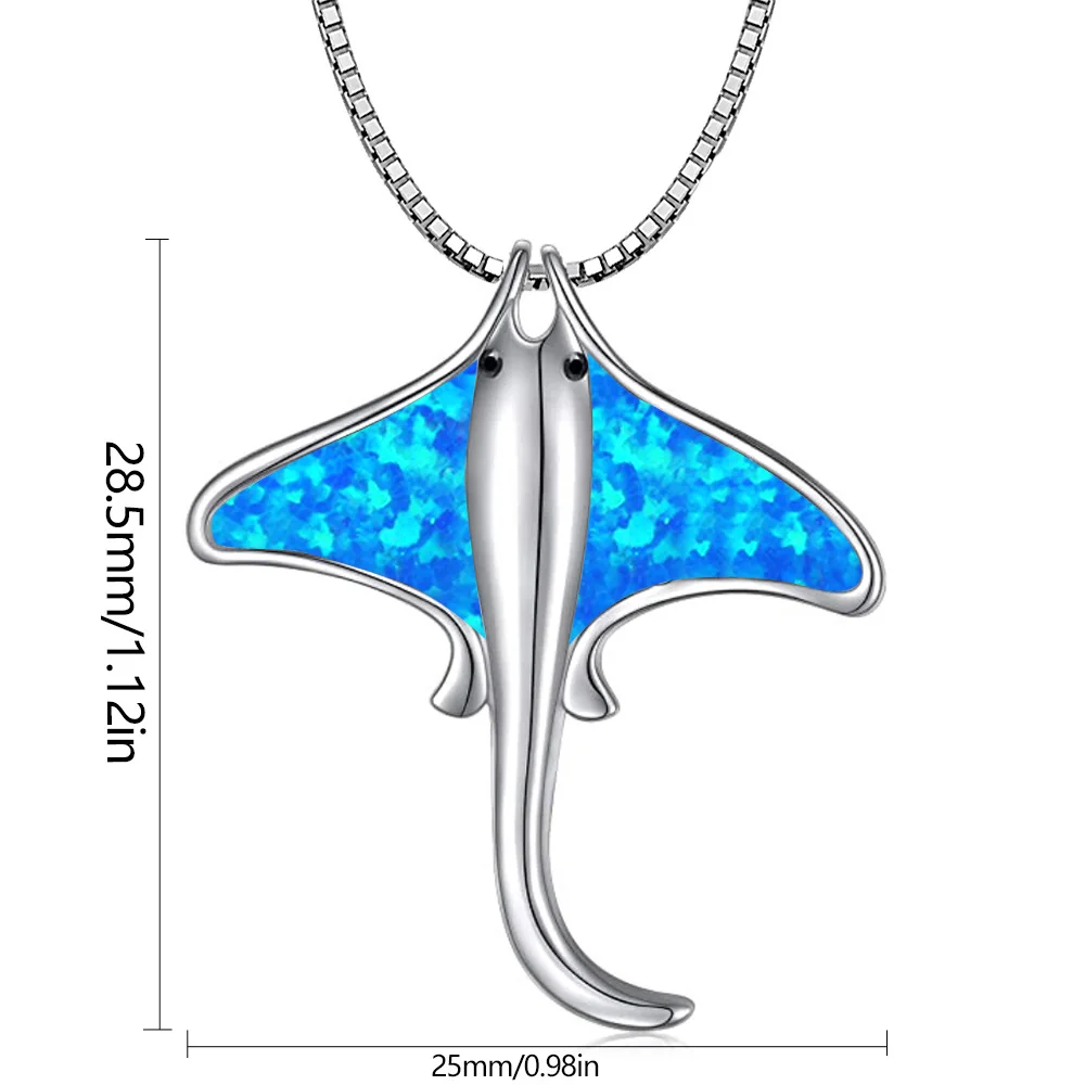Vibrant Blue Opal Manta Ray Pendant Necklace,White K Plated Sea Creature Jewelry,Iridescent Statement Gift for Ocean Lover