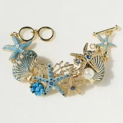 Women Multicolor Starfish Shell Shining Rhinestones Chain Bracelet Beach Jewelry