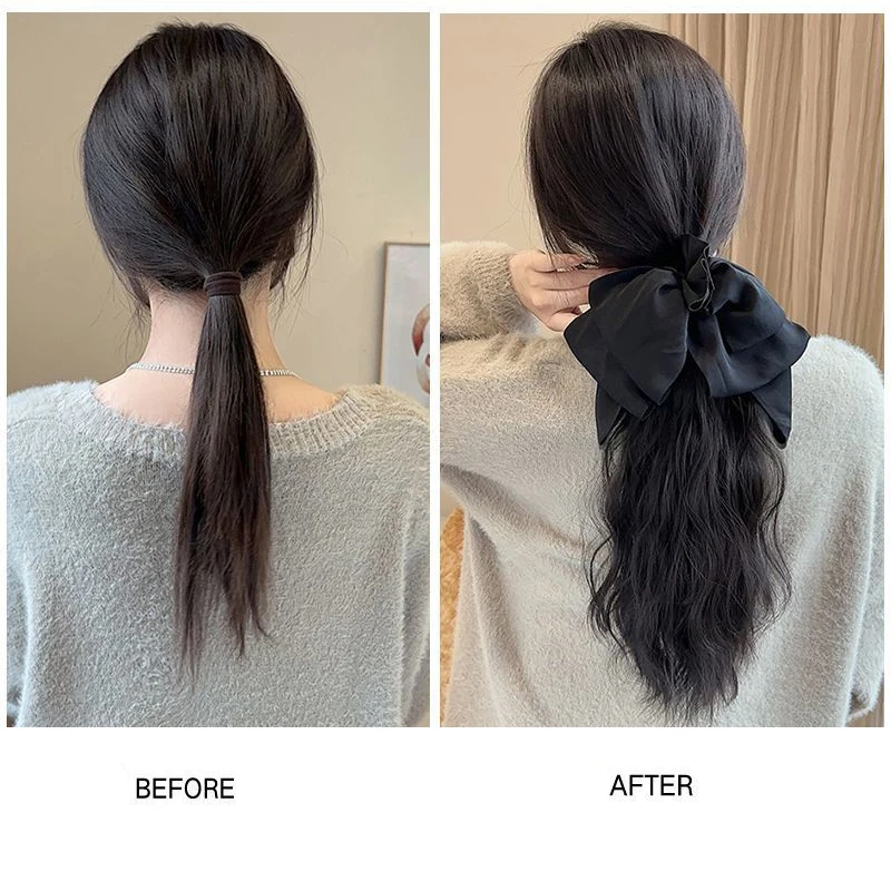 Elegant Women's Claw Clip Ponytail Extension with Bow - Water Wave Synthetic Hair, Versatile for All Occasions, Grab Clip Wig
