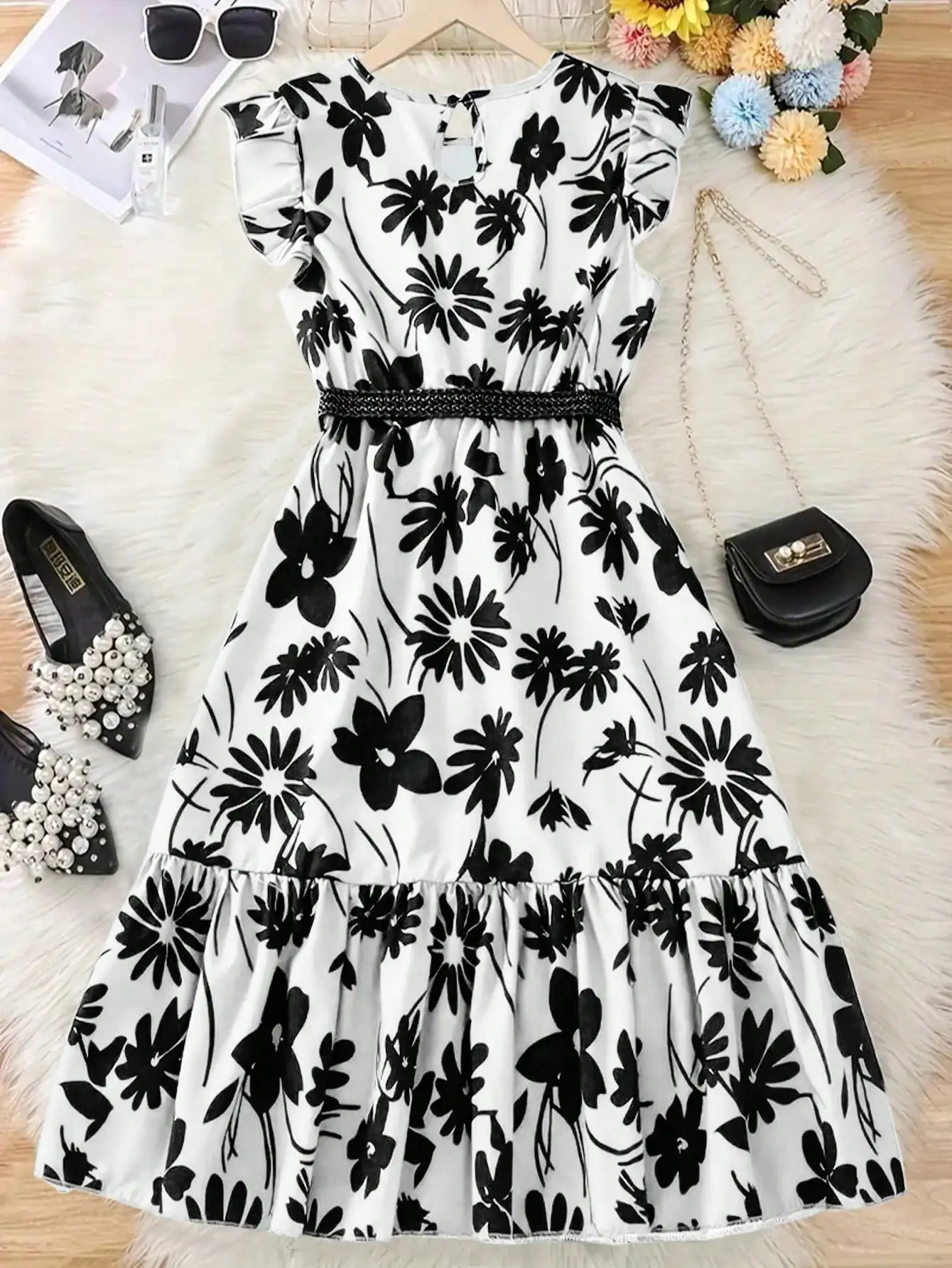 Chic teenage girl green floral long skirt with belt - casual round neck ruffle sleeves, perfect for summer, teenage jumpsuit