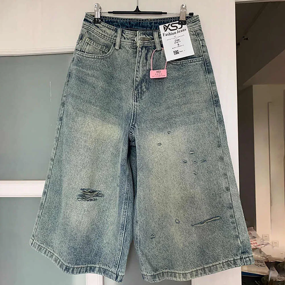 Oversized Wide Leg Denim Shorts Women Summer High Waist Ripped Holes Knee Length Jeans Female Straight Loose Half Denim Pants