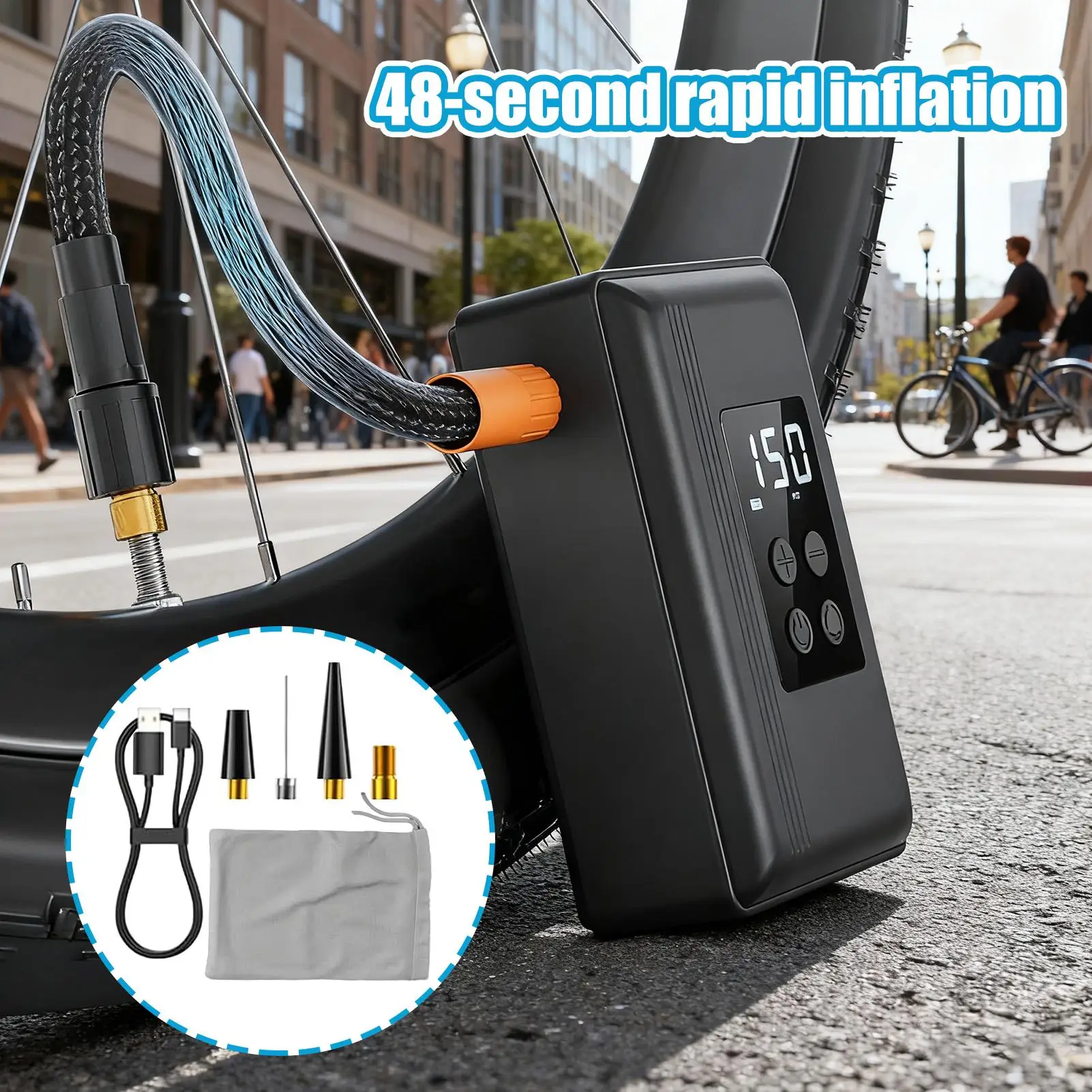 مضخة الدراجة قابلة لإعادة الشحن مع مقياس الضغط، منفاخ إطارات المضخة الكهربائية المحمولة لحمام السباحة على الطرق الجبلية لركوب الدراجات