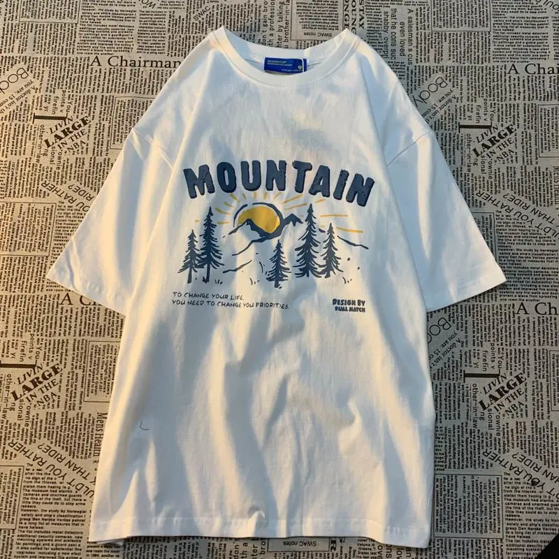 Y2k Men and Women Vintage Snow Mountain Printing Graphic T-shirt Fashion Couple Street Summer Personalized Short Sleeve Top