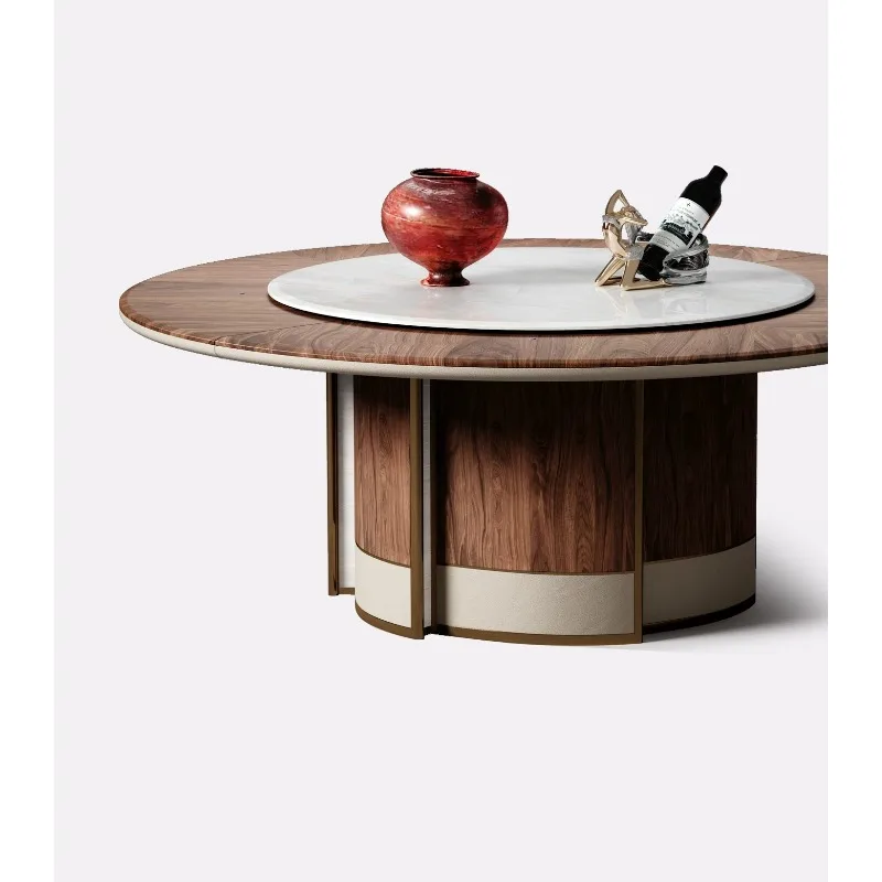 Natural luxury stone dining table, villa large flat-floor restaurant series light luxury solid wood electric round dining table