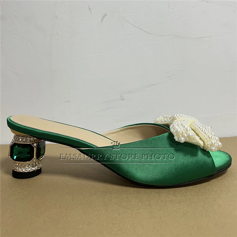 Luxury Satin Slingbacks Mules For Girls Summer 6cm Rhinestone Diamond Heel Quality Beads Butterfly-Knot Sandals Women