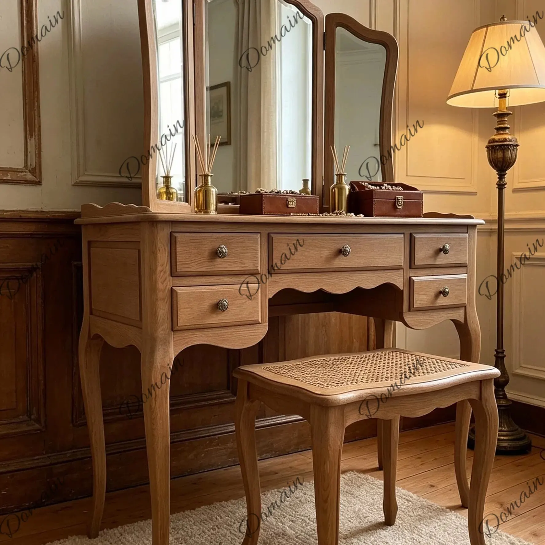 American country solid wood dresser with mirror bedroom rattan makeup table set French retro furniture with mirror