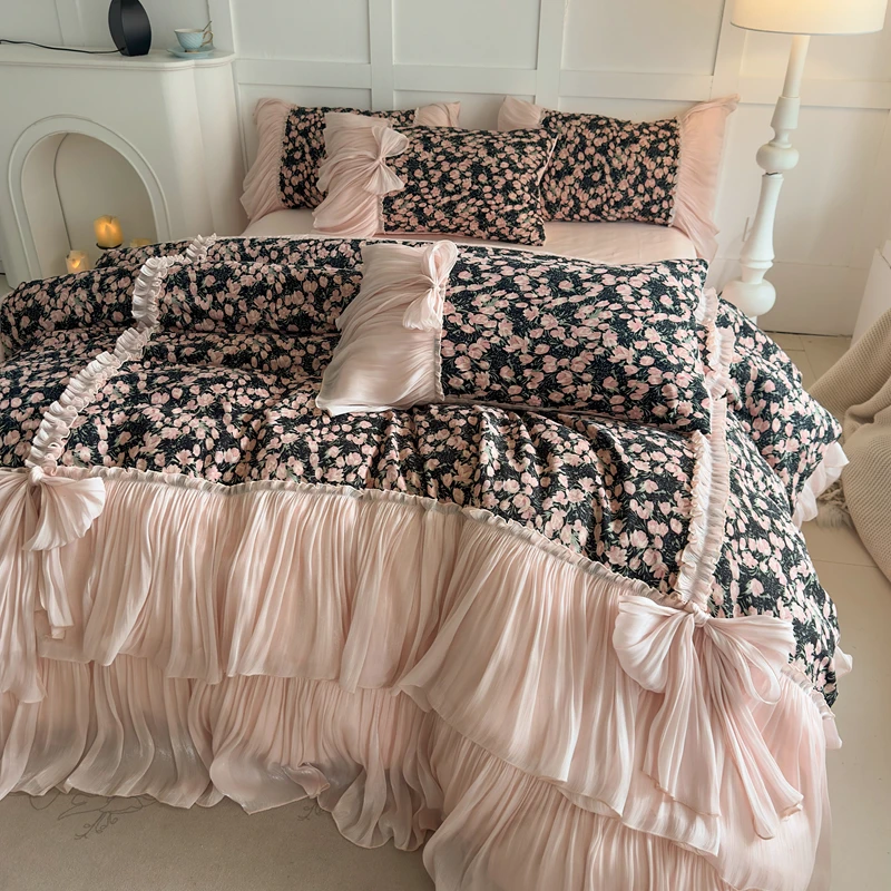 Vintage Floral Print Ruffles Bow Princess Bedding Set Egyptian Cotton Duvet Cover Bed Sheet/Bed Skirt/Fitted Sheet Pillowcases