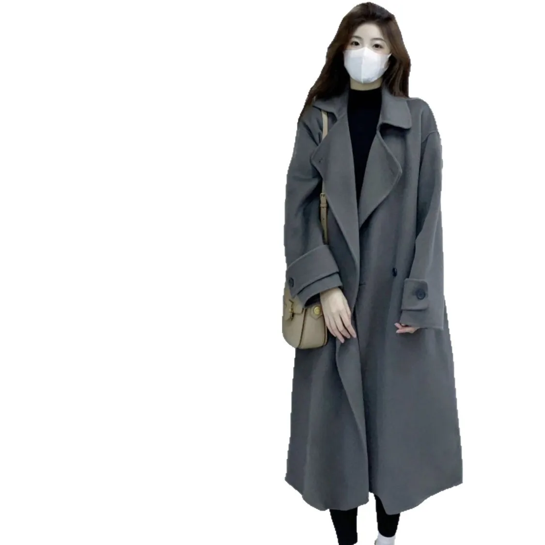 Dámský šedý vlněný kabát Plus Size, podzim/zima 2025, nový styl, zesílený, korejský styl, Hepburn, s dlouhým rukávem, polo límec... - náhled 5