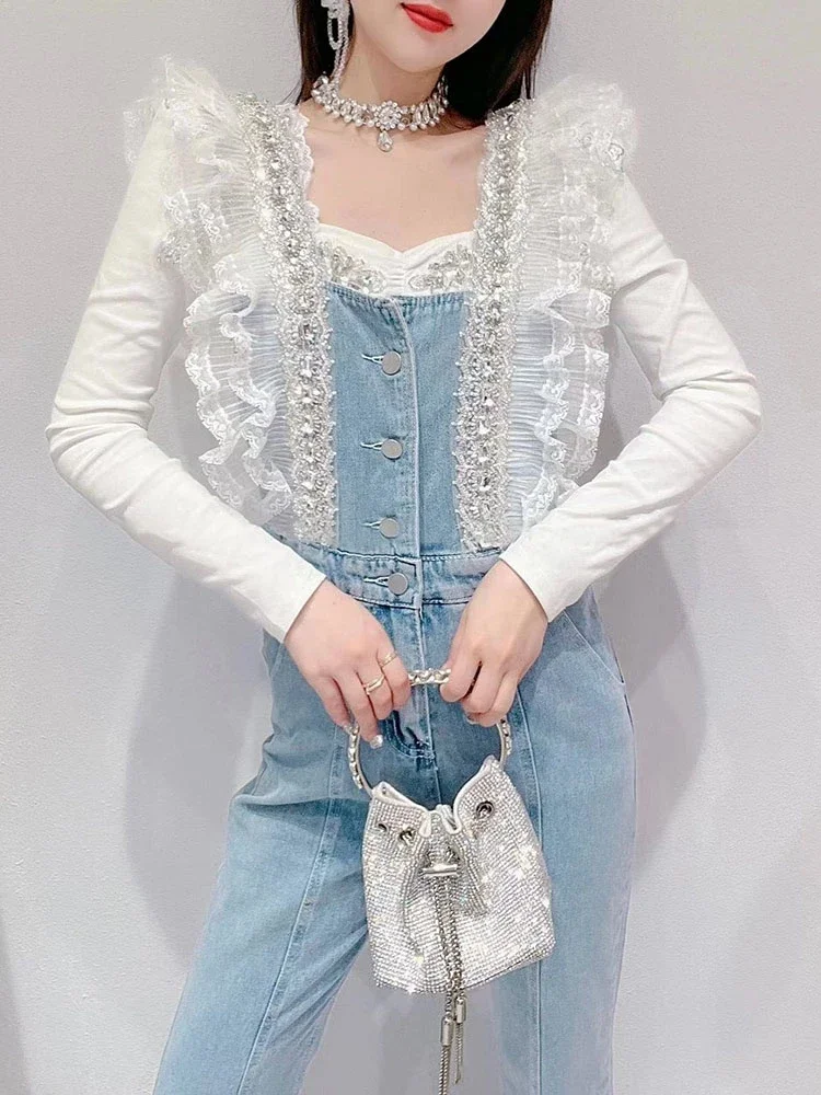 

2023 Summer Spring Sweet Ladies Women Lace Patchowork Ruffles Rhinestone Denim Jumpsuits , Woman Clothes Placket Black Overalls