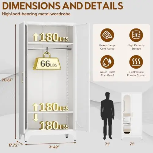 Armoire Wardrobe Closet，71" Metal Wardrobe Cabinet with Mirror Door | Tall Bedroom Armoires with Hanging Rod and view 2