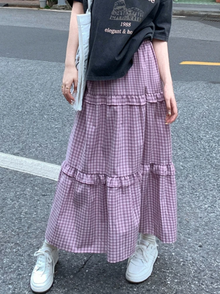 Qiukichonson Midi Long Skirts Womens Plaid Skirt 2023 Korean Style Casual Summer High Waisted High Low Ruched Ruffle Skirts rok