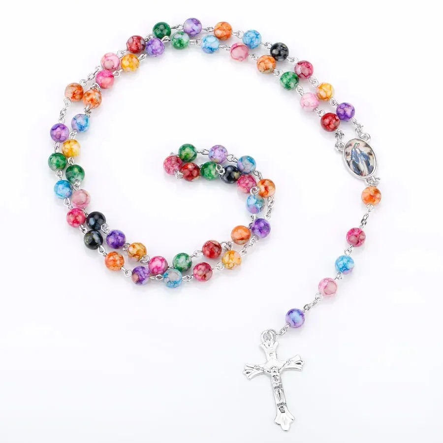 8 مللي متر حبة ملونة عقد خرز مريم العذراء والصليب طويل مجوهرات الصلاة الدينية للجنسين الكاثوليكية المسيحية الإيمان اكسسوارات #5
