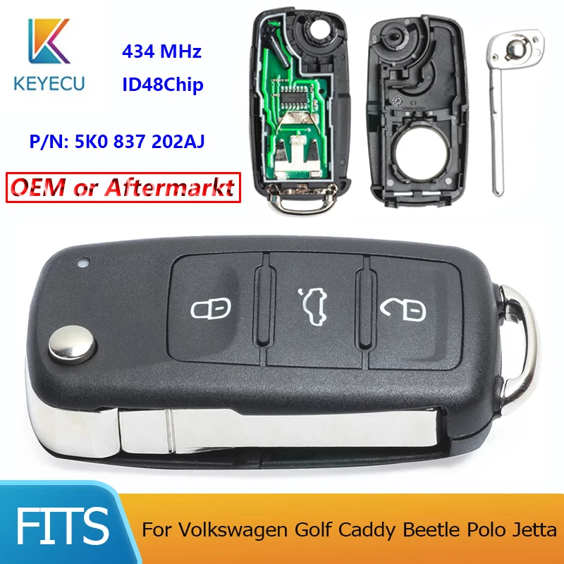 KEYECU for Volkswagen VW Golf Caddy Beetle Polo Jetta 5K0837202AJ 5K0 837 202 AJ Folding Flip Remote Key 3 Buttons 434Mhz ID48