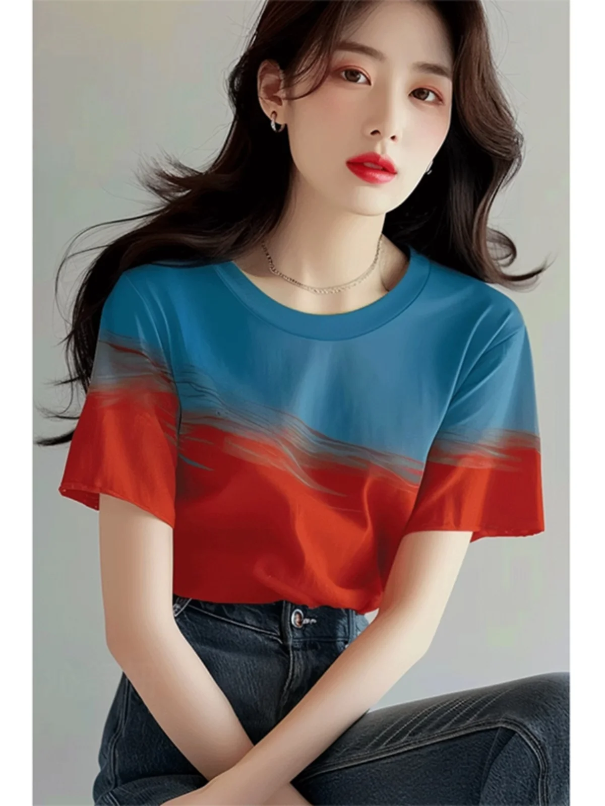

Красная футболка омбре с коротким рукавом, женская модная летняя футболка в стиле колор-блок, повседневный свободный крой, круглый вырез, стандартная длина