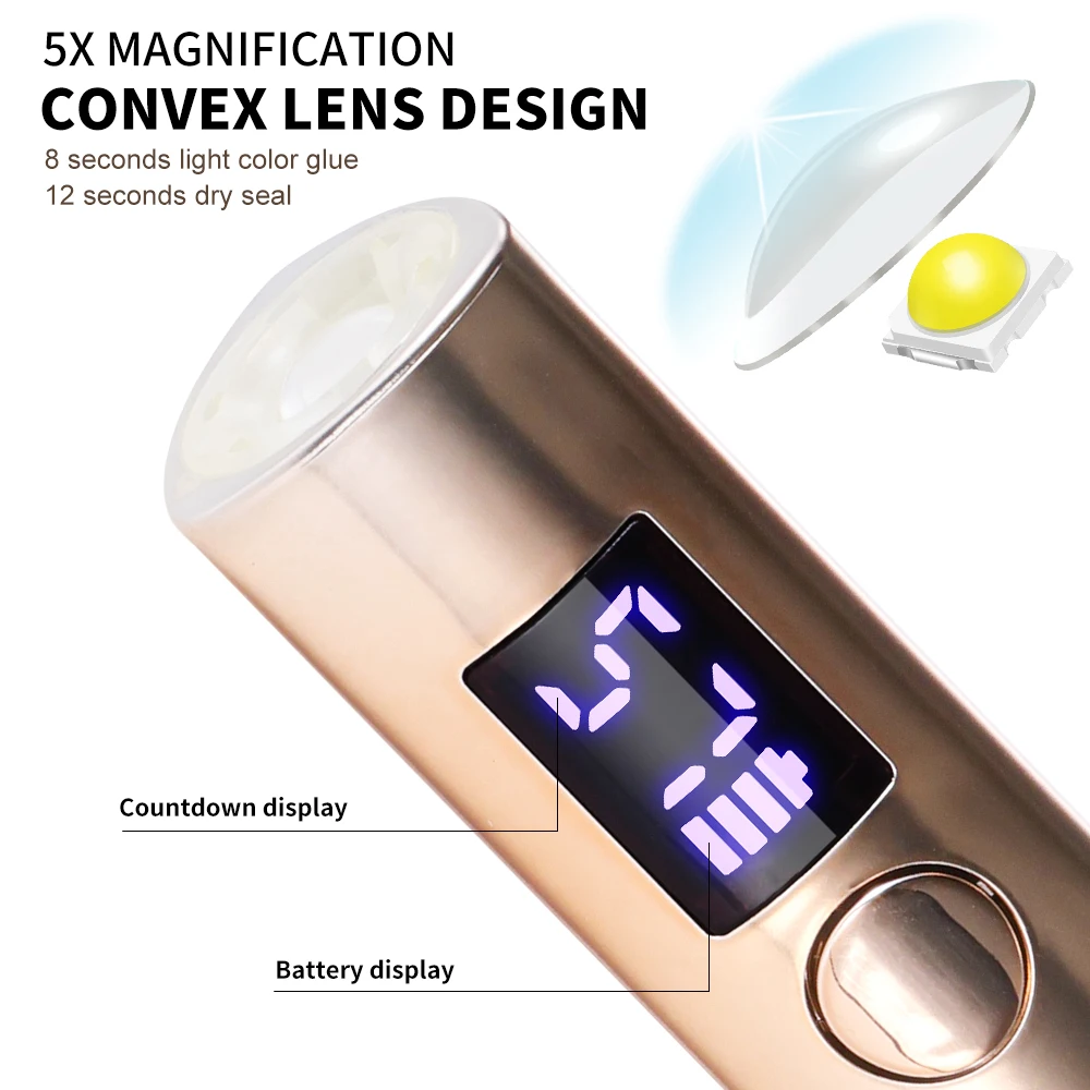 ミニUV LEDネイルランプ,ポータブル充電式ネイルドライヤー,ディスプレイ付きジェルポリッシュ硬化,マニキュアマシン