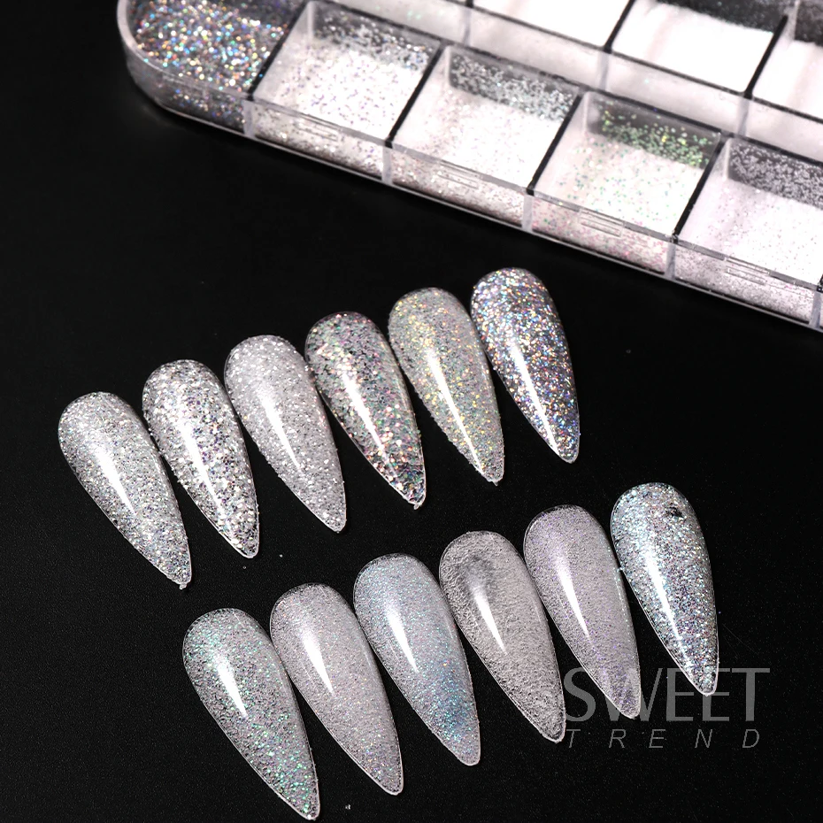 12 Grids Shiny White Sugar Nails Glitter Powder Holographic Snow Candy Pigment Winter New Year Sweater Yarn Dust Manicure Decor