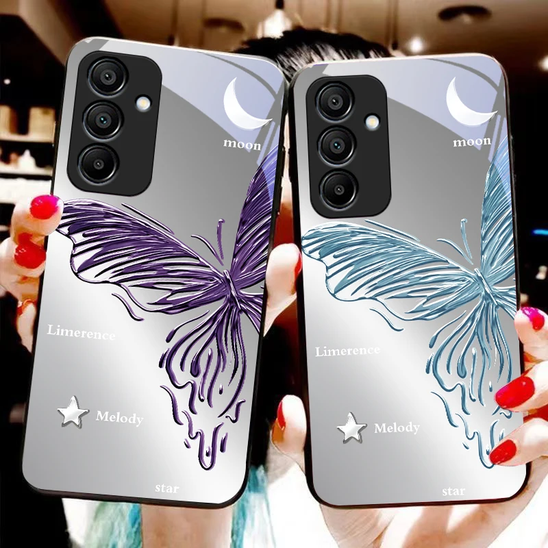 Metallic Butterfly For Samsung Galaxy A15 5G 54 4G 51 50 24 35 90 71 12 51 53 52S 80 22 34 Black tempered glass phone case