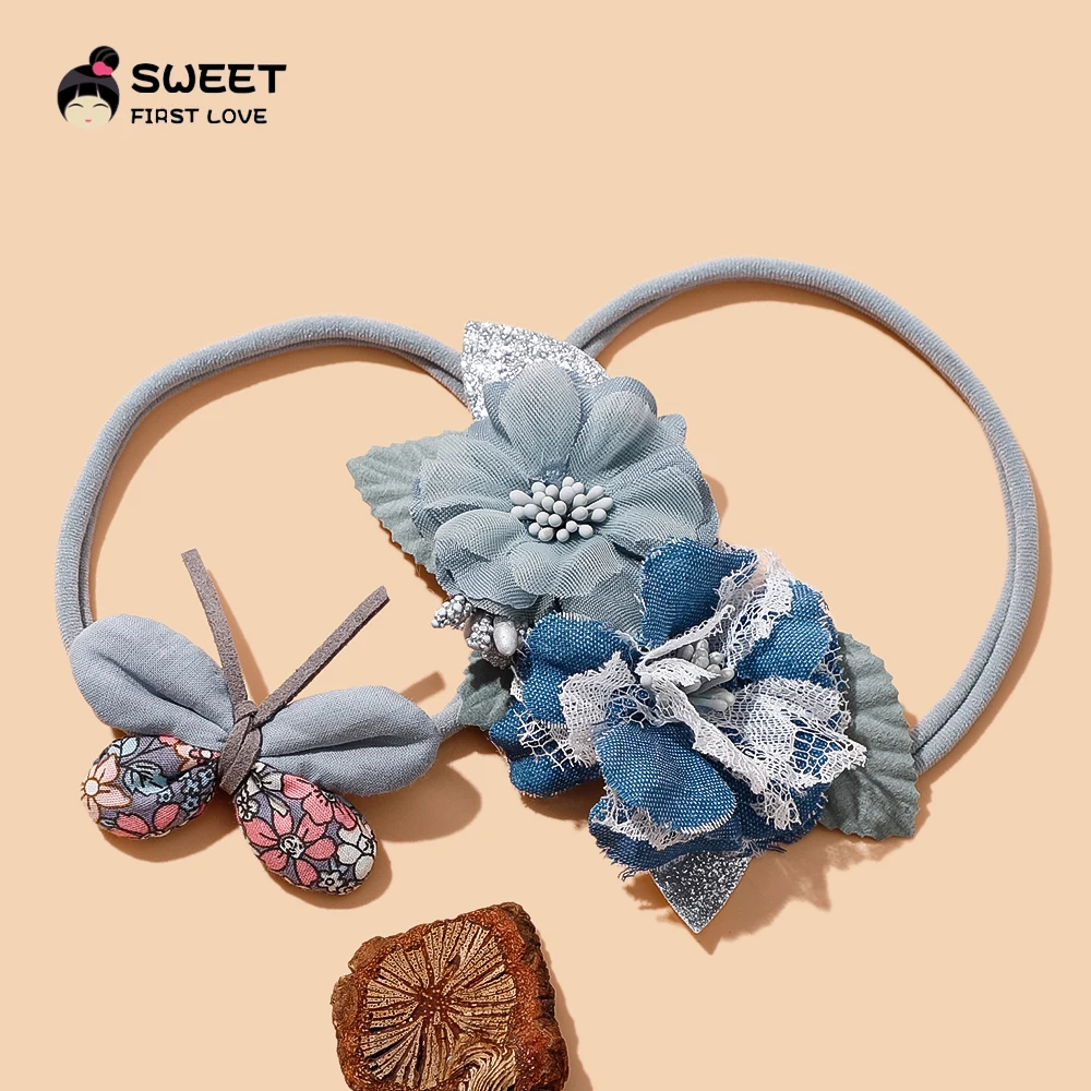 Hair Bands Newborn Blue Series Bow Flowers Headband Soft Elastic Nylon Hair Bands For Kids Girls Headwear Baby Hair Accessories