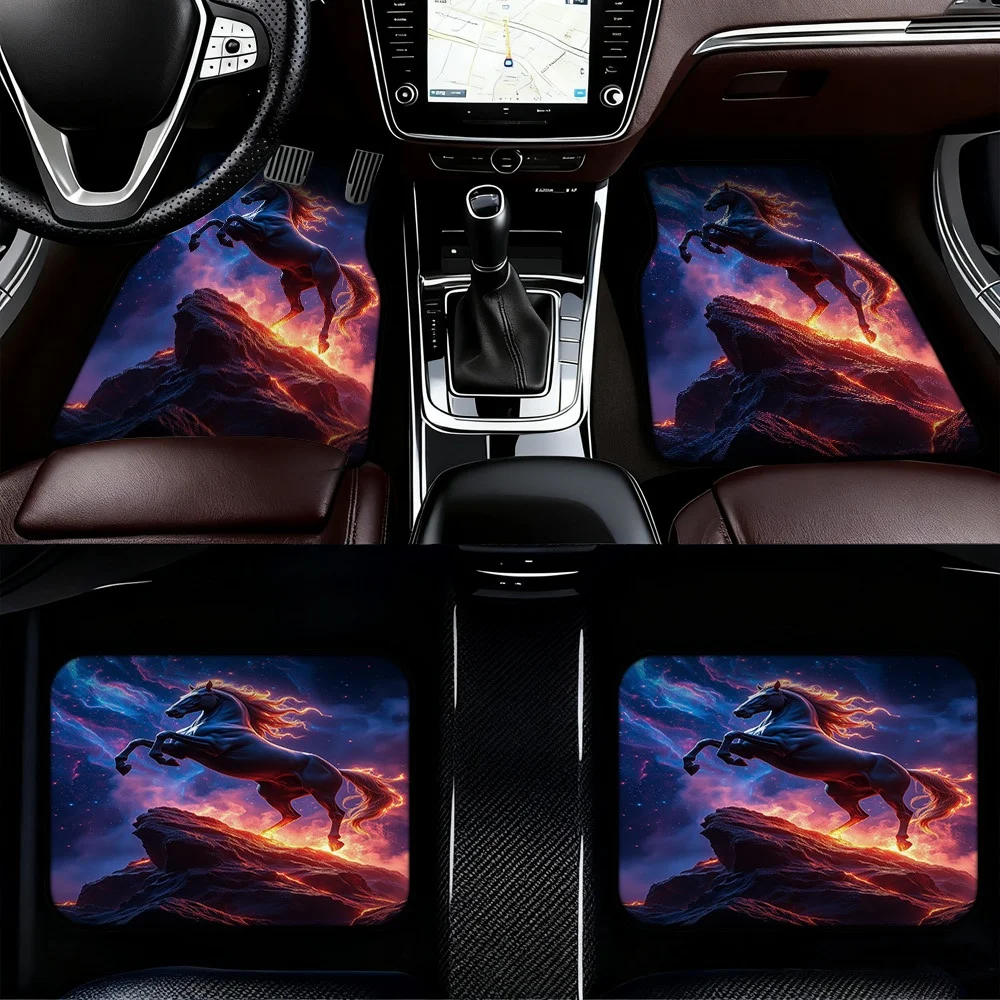 2D Flat Printing, 4pcs Car Mats Adorned With Fiery Horse On Rock Pattern, Compatible With SUVs Or Pickup Trucks, Convenient Clea