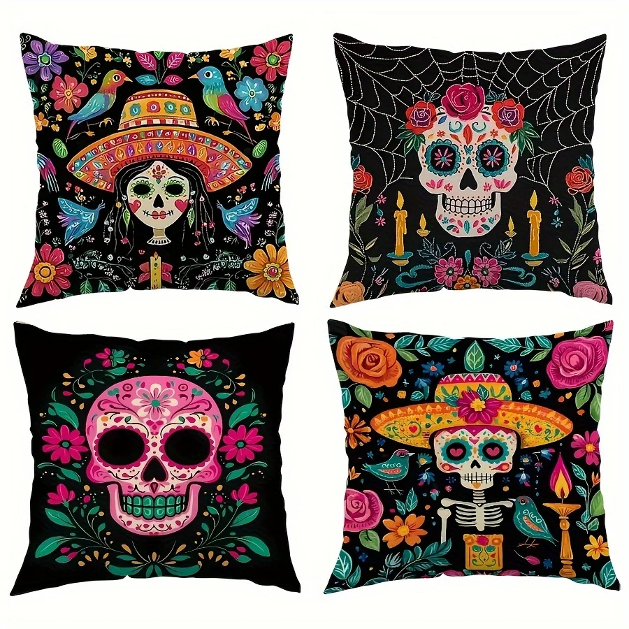 

4 шт. наволочки с мексиканским черепом-мягкие чехлы на молнии для дивана-кровати, уличного декора, подарок для домашнего офиса