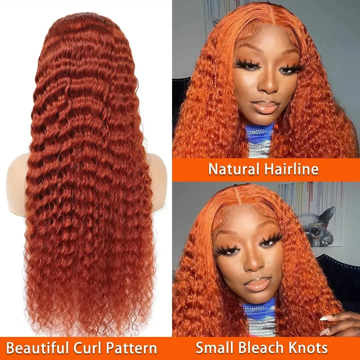 Ginger Orange Deep Wave #350 Colored 13x6 HD Transparent Lace Frontal Wigs Brazilian Water Curly 13x4 Human Hair Wigs For Women