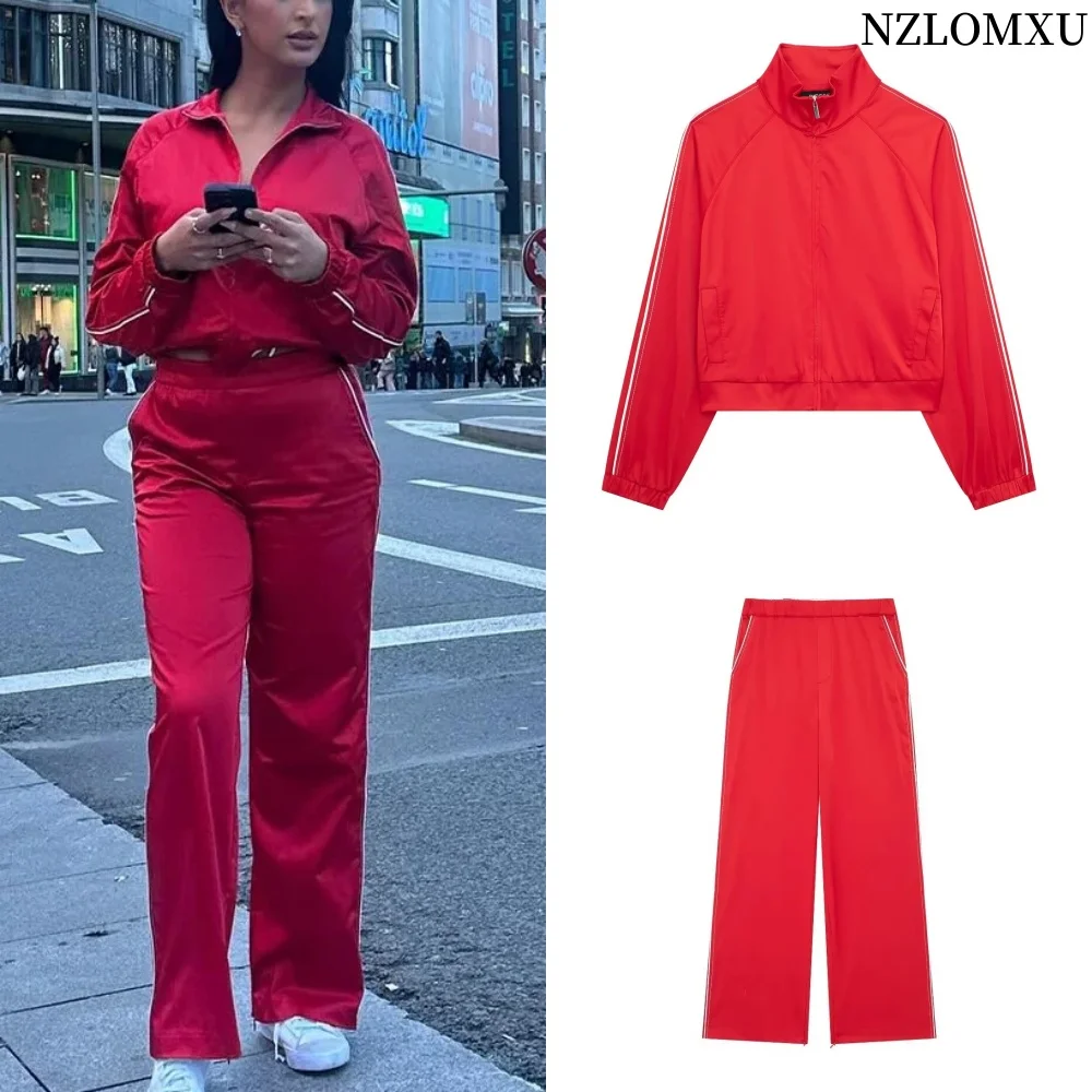 2024 Spring Women Casual Suits Red Bump Striped Zipper Jacket+Drawstring Pocket Long Pants Fashion Women Straight Sets