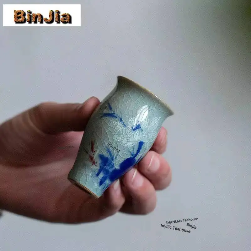 45ml Hand Drawn Fish Playing Ice Cracking Teacup Vintage Tea Bowl Single Cups Tea-tasting Smelling Cup Chazhan Master Cups Cafes