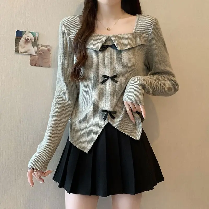 Elegant Square Collar Pullovers Female Clothing Fashion Bow Spliced Spring Autumn New Solid Color Aura Irregular Knitted T-shirt