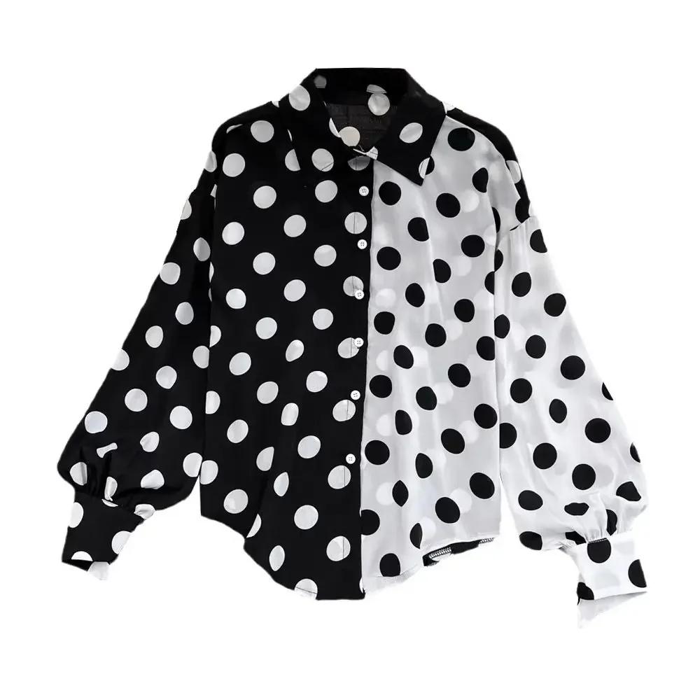 

Vintage Lantern Sleeve Tops Ladies Fashion Polka Dot Shirts Printing Blouses Irregular Long Sleeve Women Clothing XT860