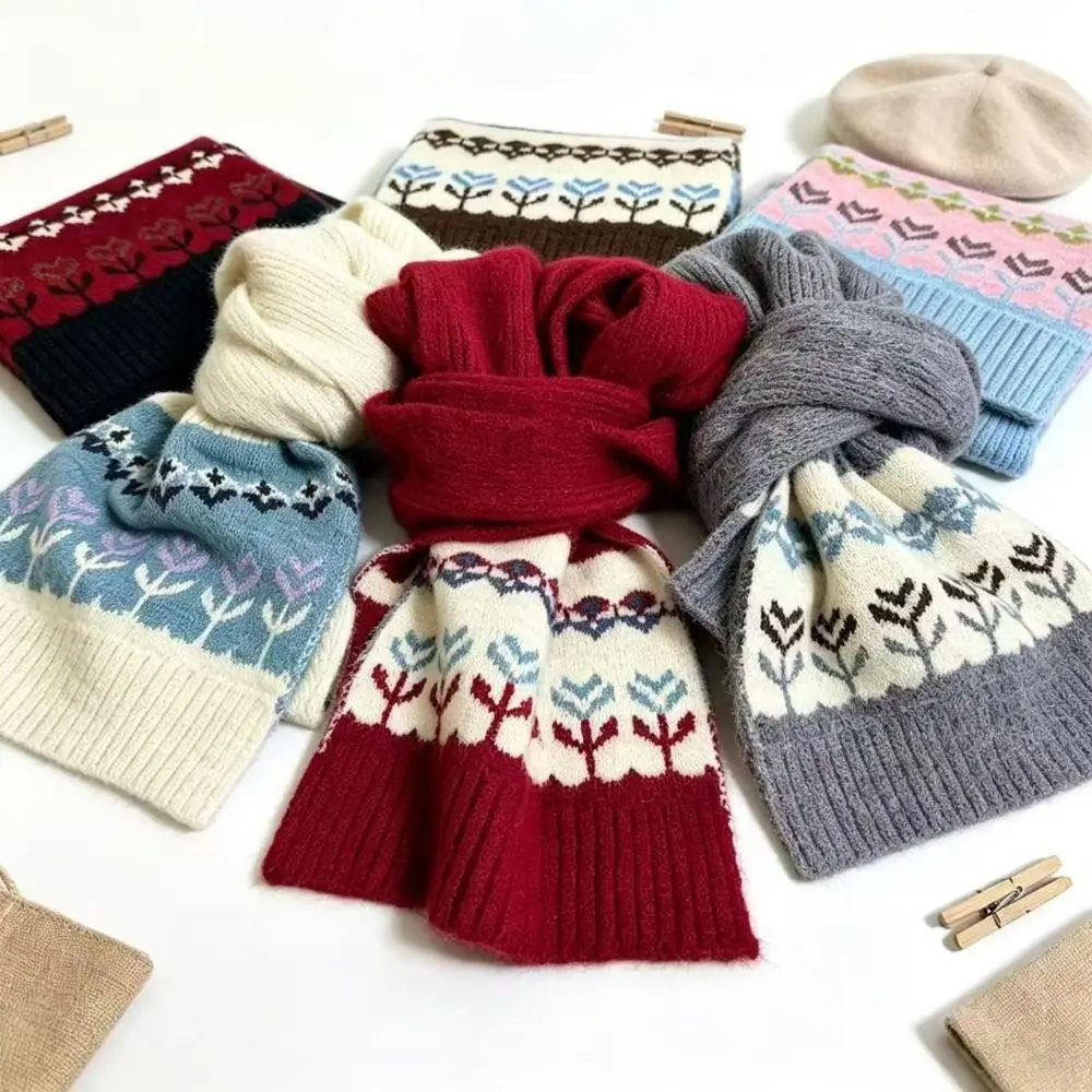 Eleganter Woll-Jacquard-Strickschal, verdickter Winter-Kaschmirschal, verdickter Schal im floralen Fair-Isle-Stil, Studentenschal – Detail 7