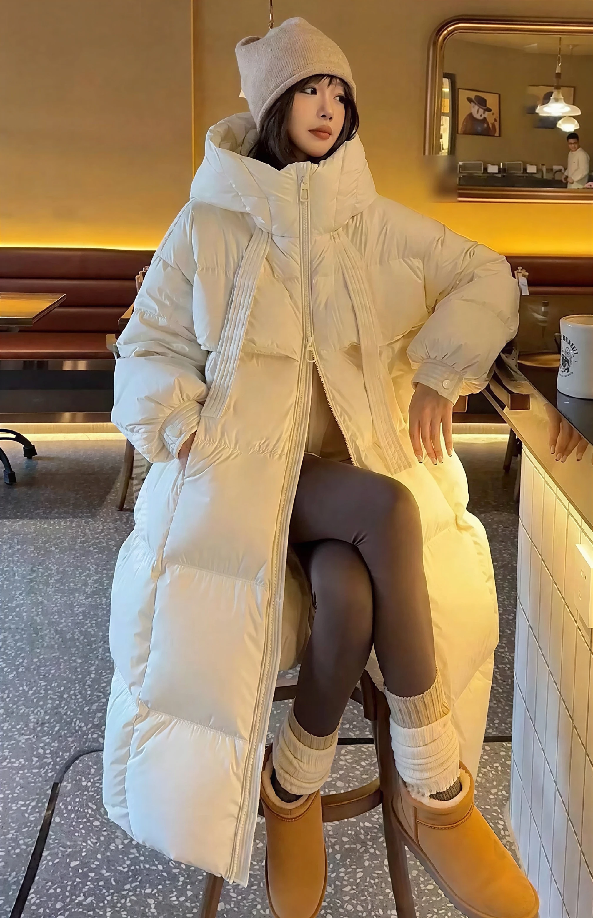 

Parkas Womens Informales Fall-Winter Goose Downfilled Standneck Elastic Waist-Cinching Snap-Button Wide-Waisted Overcoats Grid