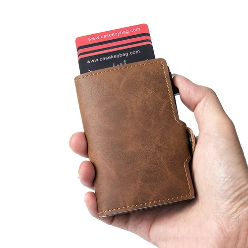 Imagen 2 del producto Casekey 2023 nuevo Pu cuero RFID tarjetero funda de tarjeta embrague Pop-up cartera caja de aluminio delgada cartera inteligente Masculina