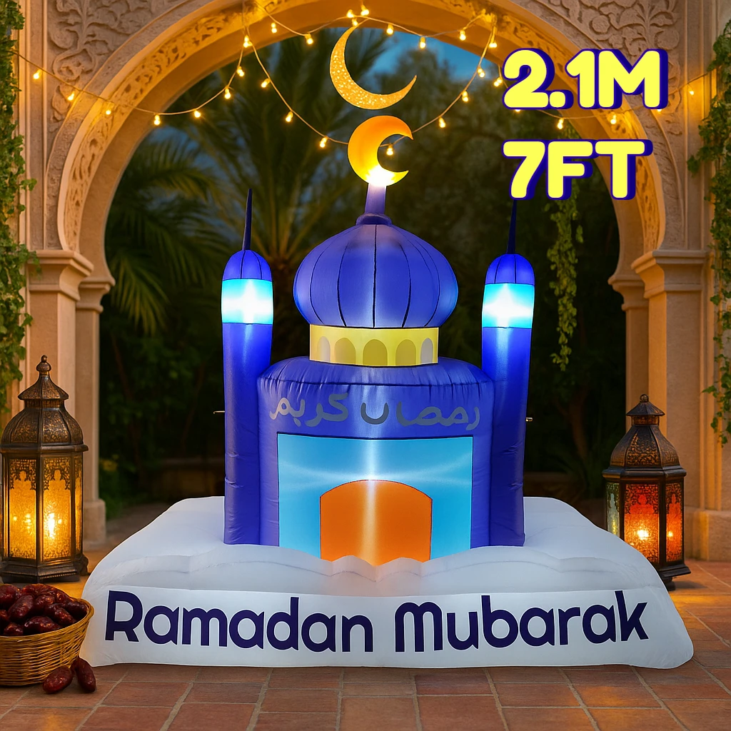 7FT Eid Mubarak Inflatable Mosque Decor Purple Dome LED Lights Crescent Islamic Decorative Supplies Ramadan Inflatable For Yard