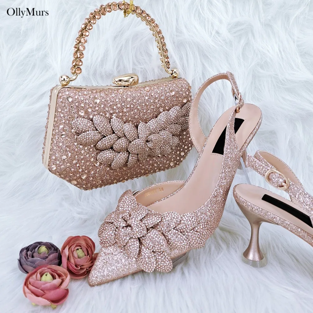 Hot Sale Italian Flowers Rhinestone Sandal Shoes And Bag Set For Party African Style Pumps Shoes And Bag Set Large Size 38-43