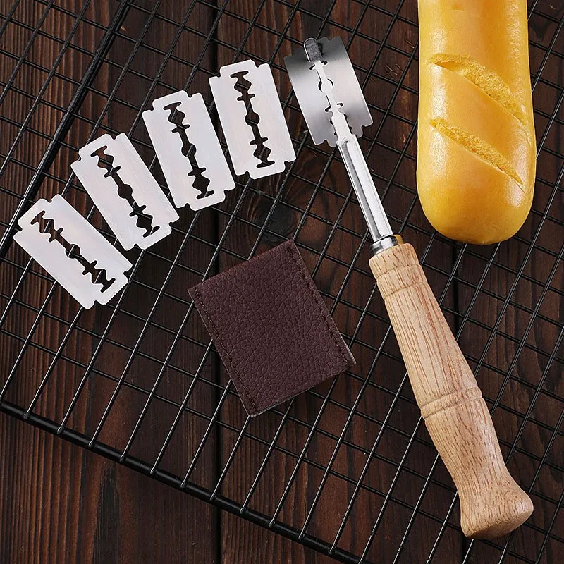 

Wooden Handle Bread Knife With Scratches. 5 Replaceable Blades And Leather Storage Cover For Curved Dough Cutting Tool