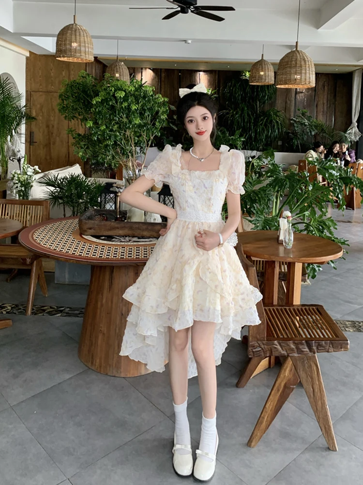 

Short Front and Long Back Square Collar Dress Women's Summer Irregular Design Wear Pettiskirt