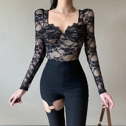 Sexy Black Waist V Neck Chest Cup Lace Long Sleeve Women's Top Summer Hollow T-Shirt 23604P