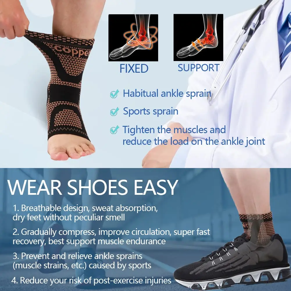 1Pcs Copper Ankle Brace,Copper Infused Ankle Support Compression Sleeve for Men & Women,for Foot Pain,Sprained Ankle,Recovery