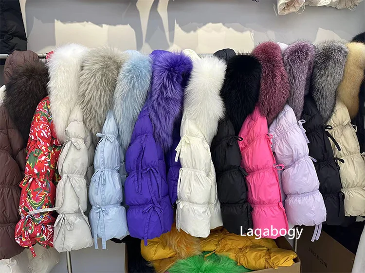 Lagabogy 2026 Big Natural Fox Fur Puffer Jacket New Winter Clothes Women Thick Warm White Duck Down Coat Female Real Fur Parker