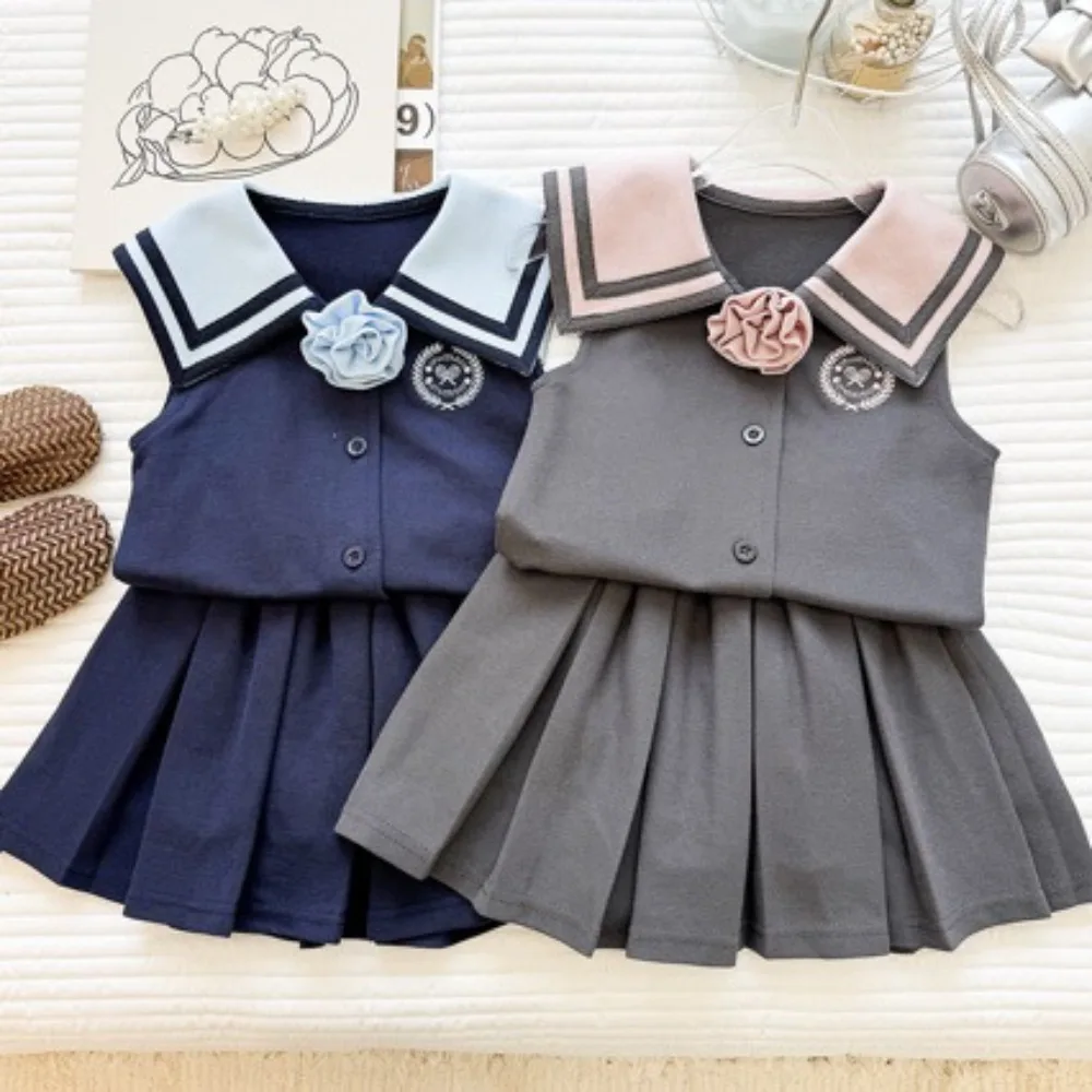 New Arrival Toddler Girl Nautical Collar Contrast Splice Vest And Short Dress Casual Suit for 90-140cm