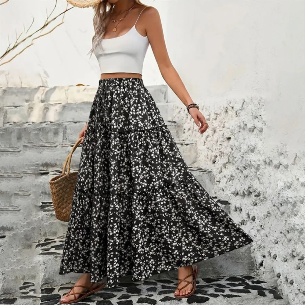 Small Floral Skirt Women\'s Waistband Elastic Three-layer Splicing Long Skirt A-line Pleated Big Swing Skirts 2025 Harajuku Femme