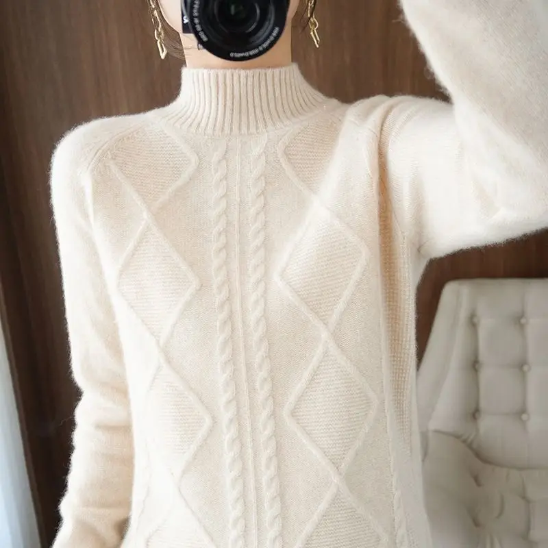 2023 Autumn Winter Women Fashion Half High Collar Soft Warm Knitted Sweater Female Solid Long Sleeve Loose Pullover Tops Jumpers