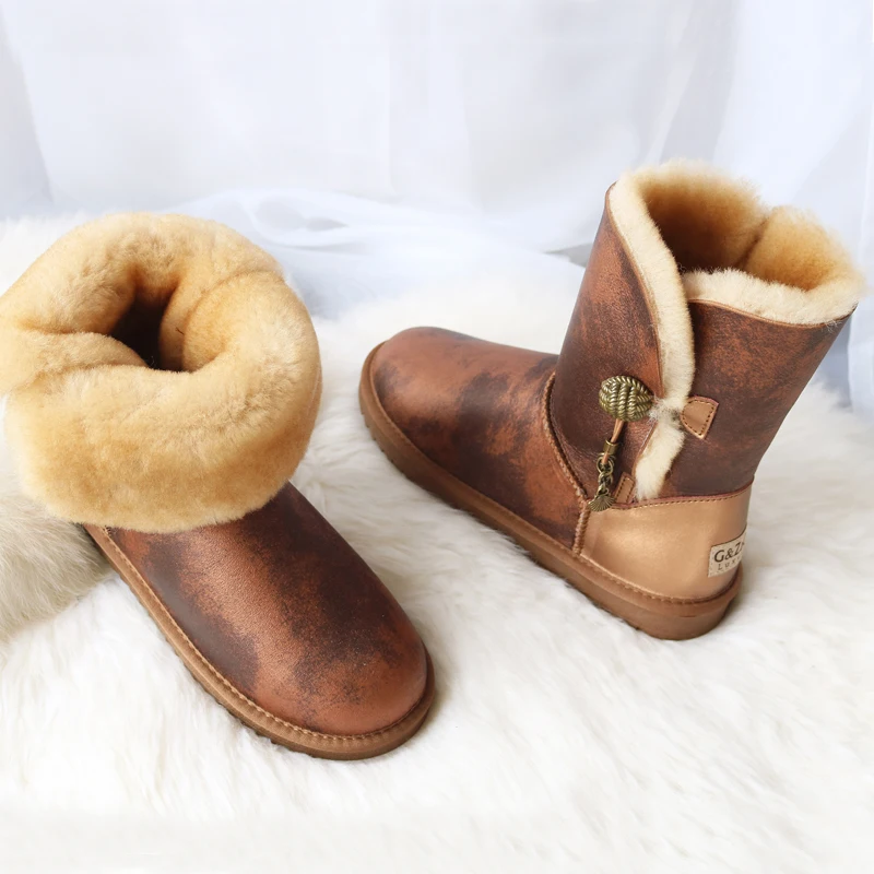 G&ZaCo Luxury Winter Snow Boots Real Wool Natural Sheepskin Boots Mid Calf Metal Button Genuine Leather Women Rubber Boots