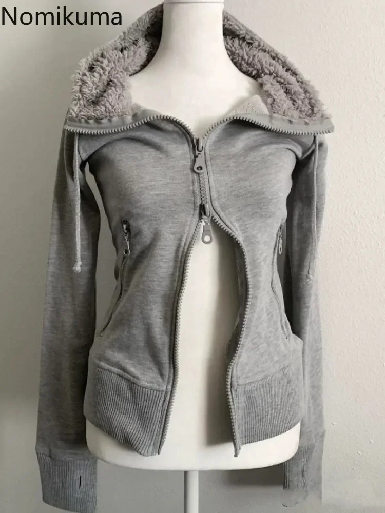 Grey Lamb Wool Double Zipper Hoodies Women\'s Clothes Slim Waist Hooded Vintage Y2k Coats Ropa Mujer Casual Fashion Sweatshirts