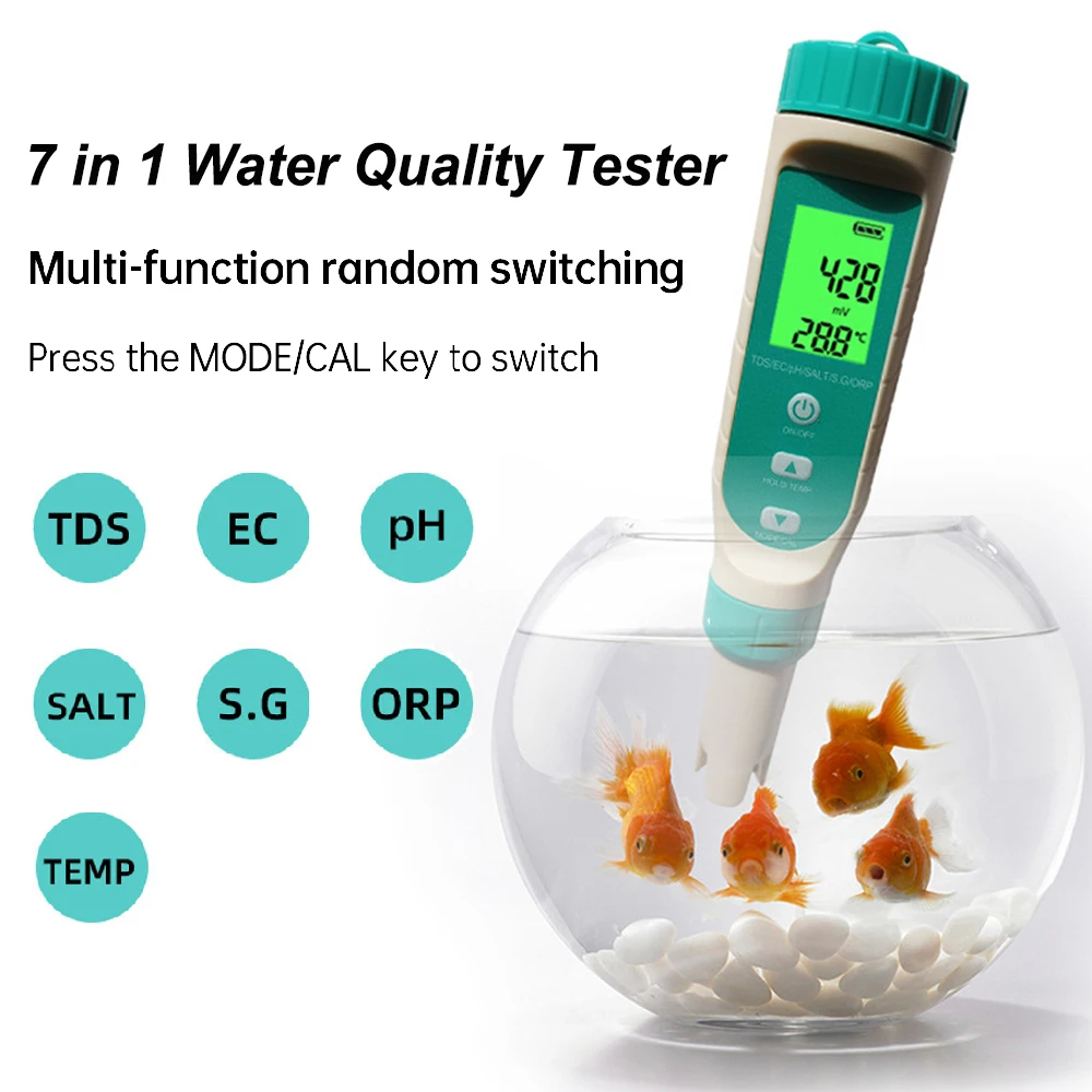 7in1 PH Meter Water Quality Detector 0-10000ppm ORP Salinity PH TDS EC SG TEMP Test Monitor for Water Swimming Pool Aquarium